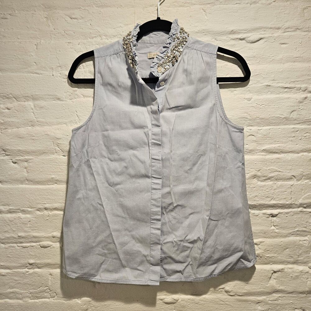 J. Crew Jewel Ruffle Collar Oxford Cotton Sleeveless Blue Chambray Top, Size 4